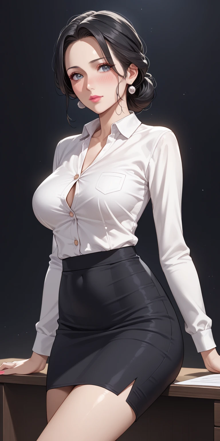 （（（完美figure，figure，solo， White and tender skin，（（（Cyberpunk，short-sleeved JK_shirt，short-sleeved JK_sailor，JK_suit，black necktie, grey skirt,white shirt,））），（（（min-jijang, medium hair, blonde hair,blue eyes ,））），((masterpiece)),high resolution, ((Best quality at best))，masterpiece，quality，Best quality，（（（ Exquisite facial features，Looking at the audience,There is light in the eyes，(（（Smile，confidence））），型figure:1.7））），（（（Light and shadow，Huge breasts））），（（（Looking at the camera，black background，)）））