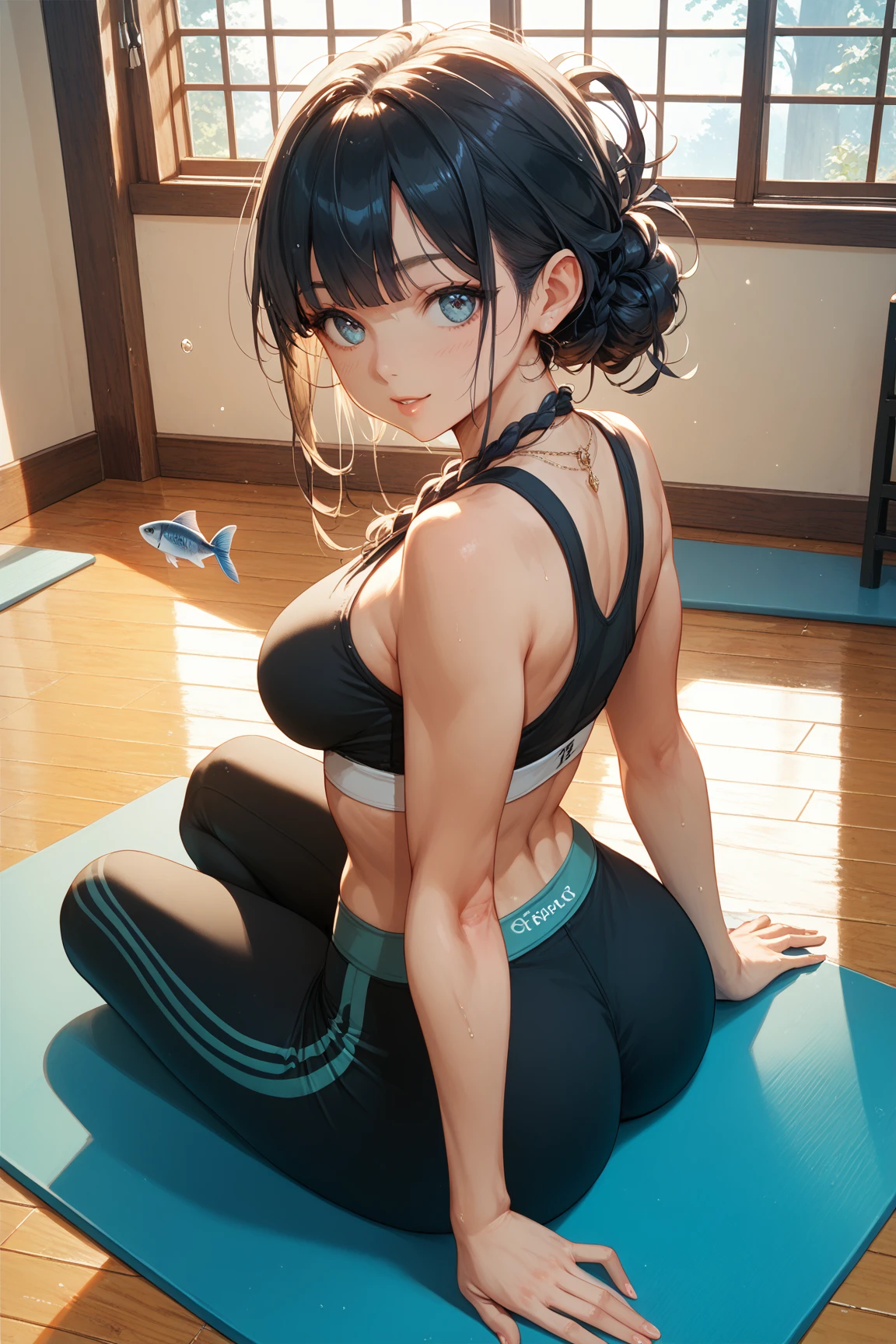 8k, highest quality, ultra high resolution, 1 female, 1980s pop culture anime style, 21 years old, (masterpiece, high resolution, detailed), Japanese, sweating, short cut, ponytail, big breasts (photorealistic) :1.4), (Famous Japanese actress:1.2), very beautiful, cute, professional photo, very delicate and beautiful, very detailed, very detailed beautiful girl, very detailed face, very detailed eyes, very detailed skin, very detailed fingers, very detailed nose, very detailed mouth, perfect anatomy, realistic body, fair skin, shiny skin, slender body, good figure, looking at viewer, smile, cute laugh Face (black hair, (ponytail, beautiful girl, perfect small face, F cup, big breasts, highest quality, ultra high resolution, detailed background, masterpiece, anatomically correct, detailed face, beautiful face in every detail, 8k, Masterpiece, highest quality, ultra high resolution, highest resolution, professional lighting, orange lighting, backlighting, antique wooden interior, houseplants, large indoors, full body angle shot, dim lighting, hands above head for worship sitting cross-legged, yoga pose, female, small face, white skin, turquoise eyes, beautiful eyes, beautiful eyelashes, beautiful eyes, highlights: 1.2), beautiful legs, (detailed face and iace :1 2), almond eyes, (ponytail), (oval face: 1.4), (realistic skin texture, realistic)), ((detailed face, round face outline, brown hair, yoga wear, tops, yoga pants) , yoga leggings, gym, pilates wear, yoga wear, fashionable, short sleeves, hot yoga, leggings, rhythmic gymnastics pose on yoga mat, one leg raised high, violent movements, hunched low posture, crawling on all fours, one leg Raising, lowering, sports yoga, yoga poses, dynamic action poses