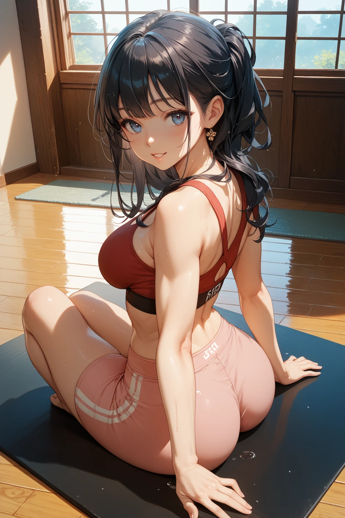 Best high Quality image, very detailed textures, carefully detailed image, absurdres
{{((1character: 29 years old latina dark-tan-skin black-haired girl), (tan skin, blue-grey eyes, calm smile, absolute feminine beauty, long black hair with a pink flower at left side, thin pale lips, big breasts, voluptuous body, round big butt, beautiful arms, beautiful legs, modeling sexy on the floor), (red one-piece fitness leotard, green shoes), (house vliving room))}}