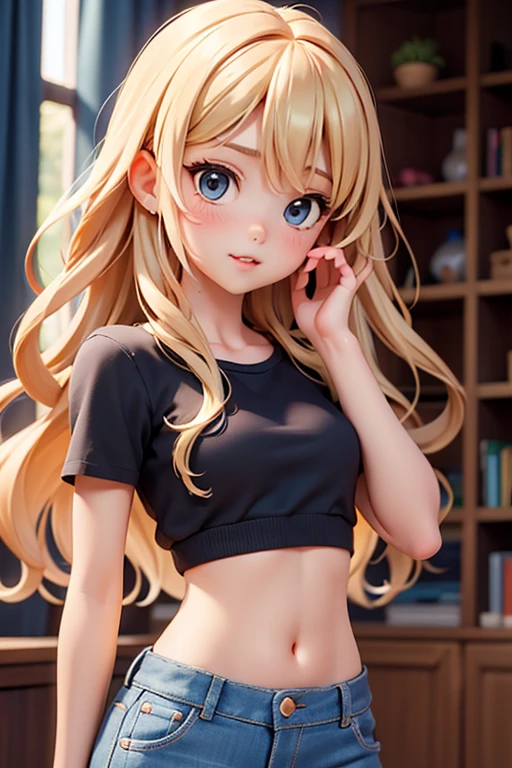 hyperrealistic 14 year old american teen, blonde, perfect tiny body, sexy, dark makeup, perfect slim face, big red lips, very cute face, tiny body, big eyes, young looking, childish looking, panty pull