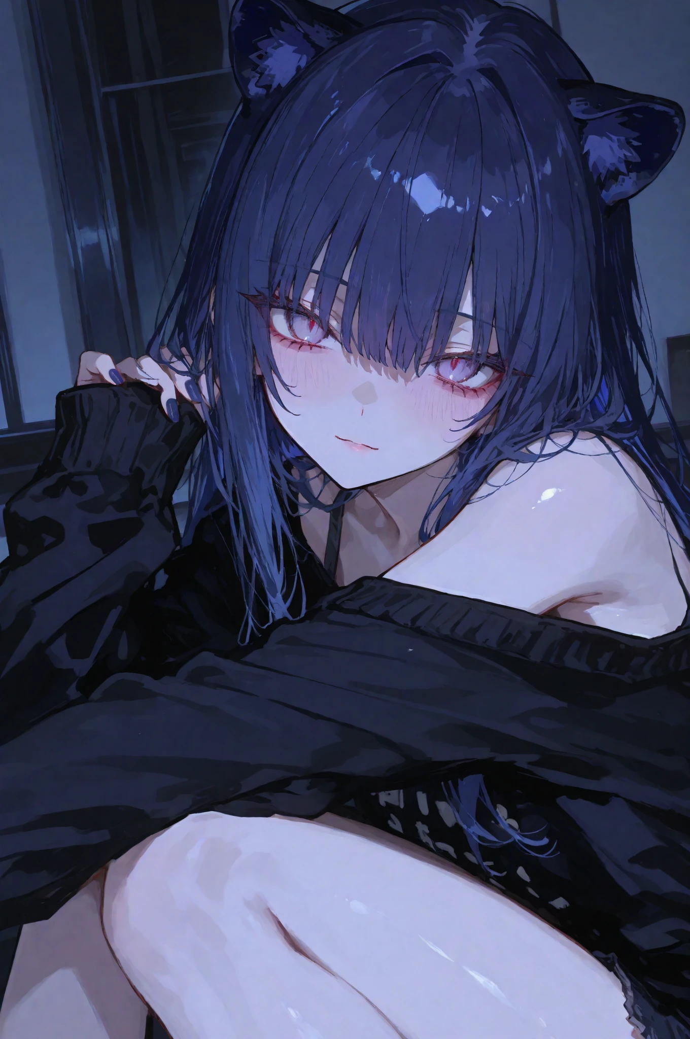 a dark girl with pale skin, piercing eyes, a haunting expression, poercing, lie on bed, highly detailed, dramatic lighting, cinematic composition, moody and atmospheric, dark fantasy, muted color palette, chiaroscuro