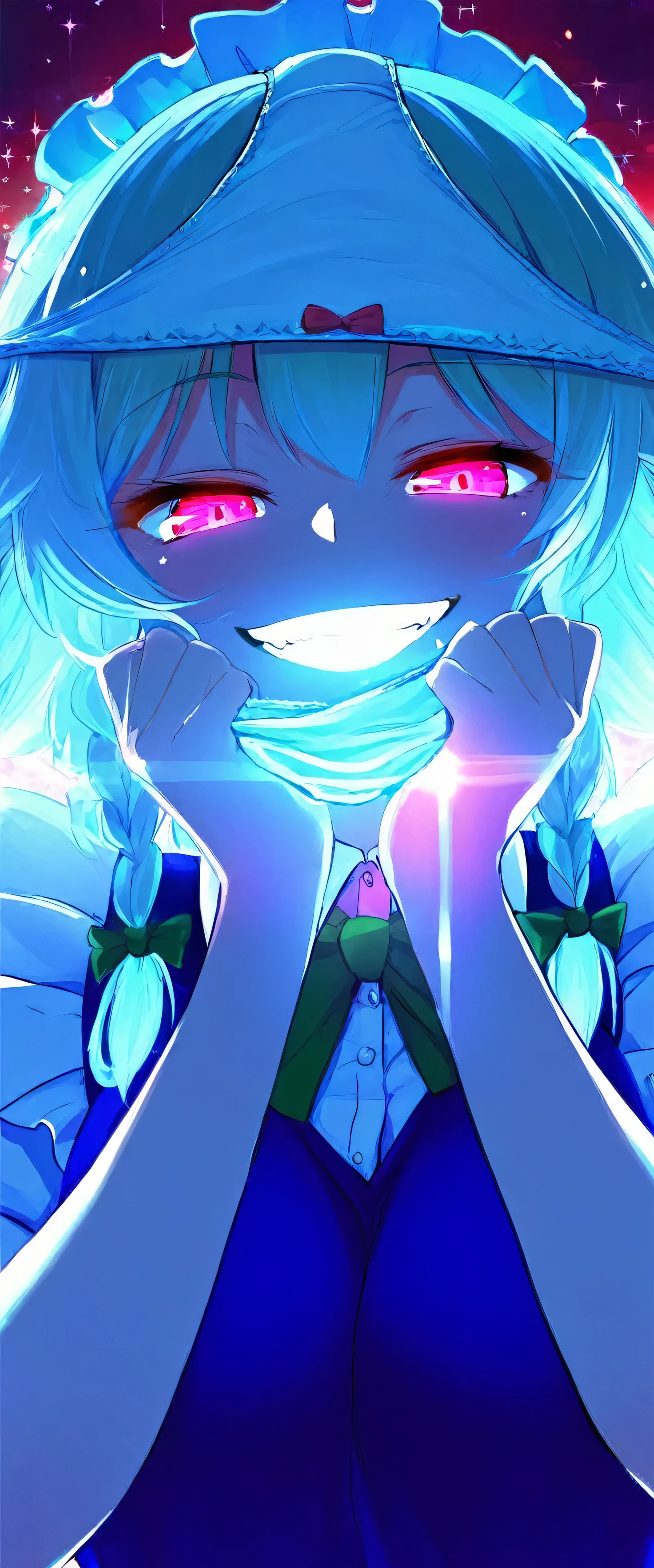 touhou project,Izayoi Sakuya,(beautiful girl: 1.3),masterpiece,Ultra-high resolution,Rich contrast,Very high quality,8k,Highly detailed CG unit wallpaper,Texture,So ridiculous,RAW Photos,Depth of written boundary 1.2,ultra-detailed eyes,Glowing Skin,Glitter Effect,Beautiful glossy lips,Circular Bokeh,(backlighting:1.2),kunka,Scarlet Devil Hall,pantyhat,panties on head,excitement,snort,evil smile,Eyes are hearts,0__11Xx_illu