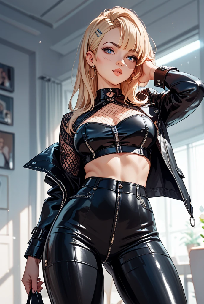 A beautiful woman in leather clothing with blonde long hair, leather skirt. Leather bra and open leather jacket and a leather hat with studs.