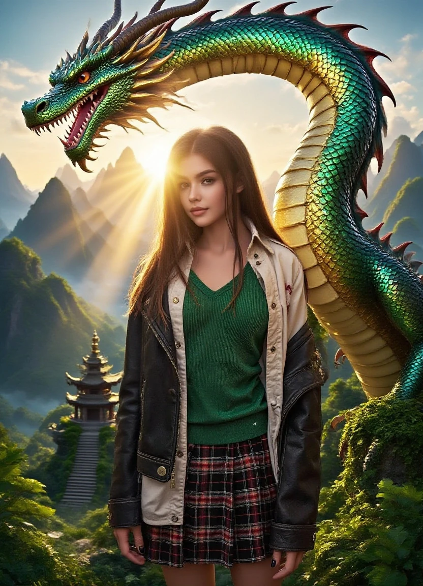 A young girl and a dragon being friends