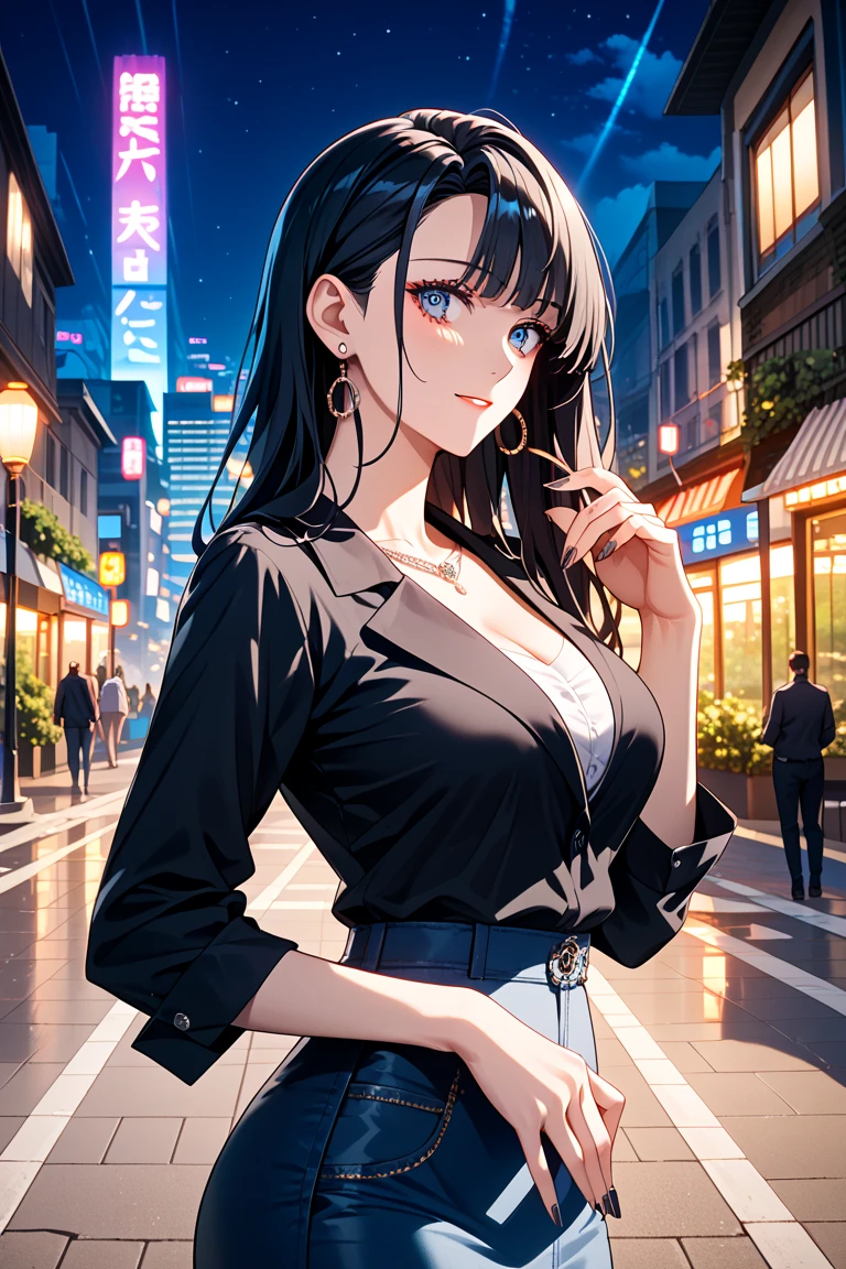 Bewitching anime busty woman in blue suit and tight skirt、Black tights,Inviting look、Show off your chest、The bra is slightly visible、Shirt and long brown hair,Ecchi anime style, bending forward,Kamimei,Red Light District at Night,neons、Bokeh in the background