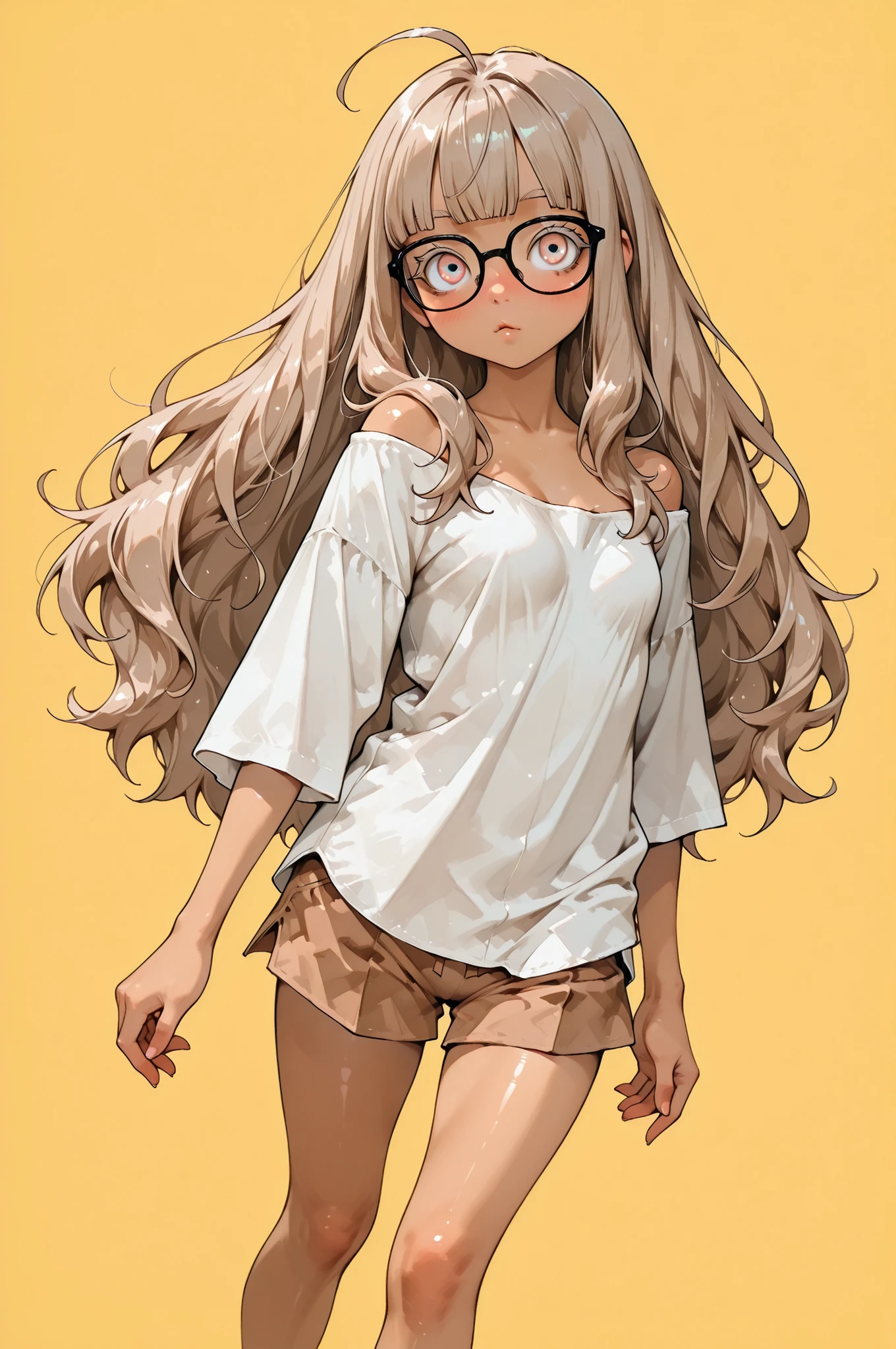 1girl,Super Detailed,absolute resolution, (tanned skin:0.3),portrait,((pinup)),,oversized white off-shoulder shirt,((untucked shirt)),brown mini Culottes,Bare Foot,detailed and beautiful face and eyes,light brown hair, light pink big eyes, eyelashes, colored eyelashes, light brown eyelashes, tareme, (star in eye:0.7),black-framed eyewear, (long hair:1.3),(wavy hair:0.5), blunt bangs, small breasts, sidelocks, \:3, ahoge, (pouty lips:0.7) ,(Flowing Sweat:0.3),(blush:0.6),(nose blush:0.8),,(yellow background),dynamic angle,