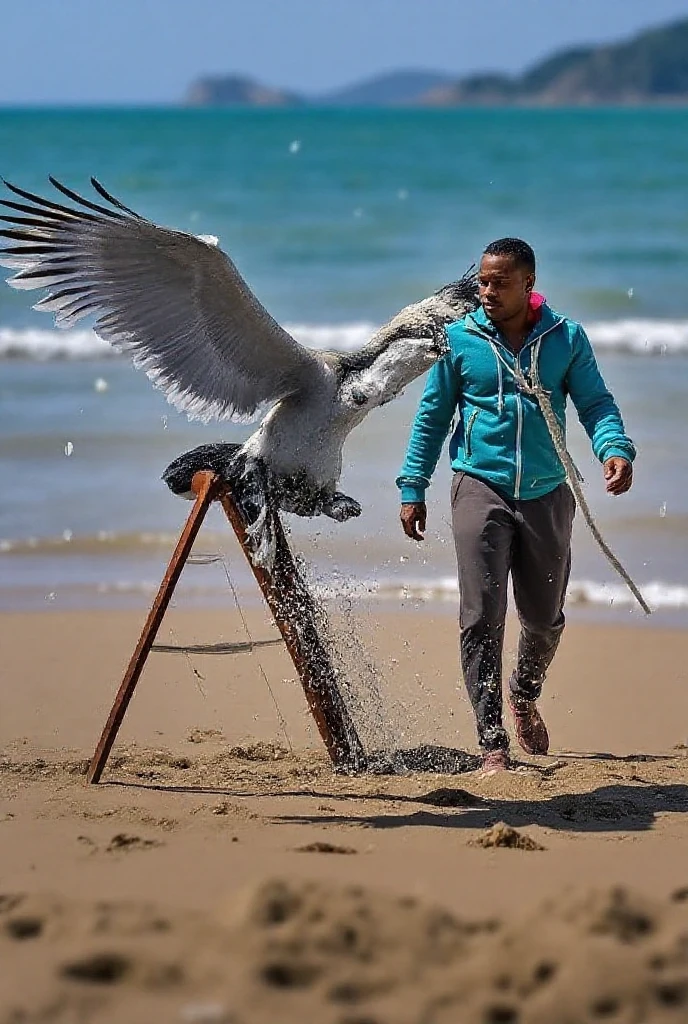 Unbeaten in 60 duels, the lean warrior stands on a sunrise-lit beach, eyes closed in concentration, performing a high side kick. His spirit animal, a majestic falcon, perches on his extended leg, while a sleek wolf