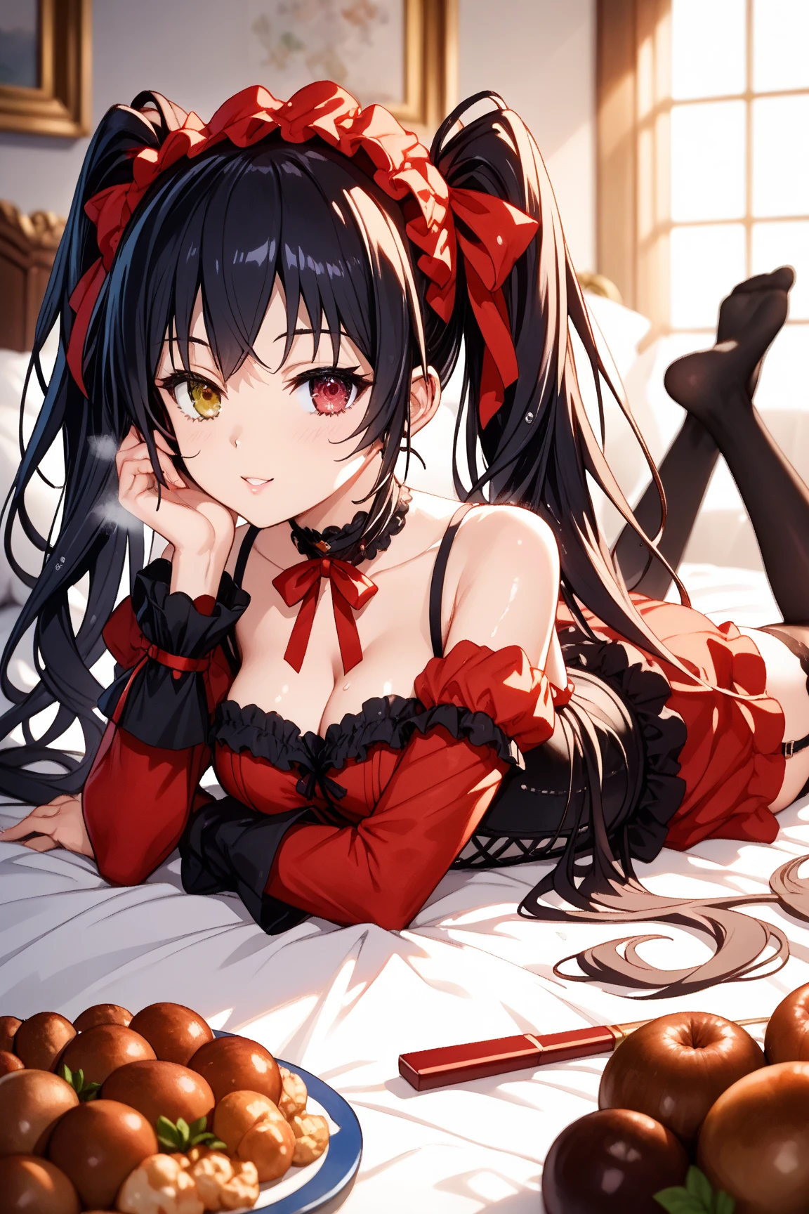 A beautiful feminine girl, who wears a short vampire-themed dress, and has an adult body with big breasts and ass, wears a ponytail with long black hair with a red hair bow, piercing, blue eyes, with a face made up, doing sex