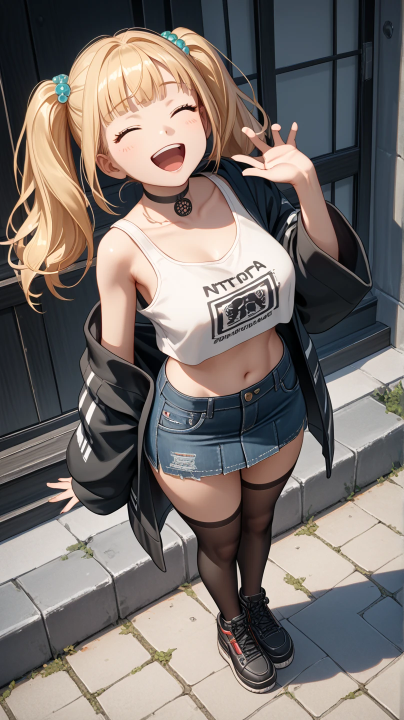 The blonde girl wore a cardigan loose to show off her shoulders, jeans shorts, boots, knee-length fishnet stockings, wet with sweat, reflecting light, standing on her feet, waist, smiling, showing her teeth, narrowing her eyes slightly, blushing.