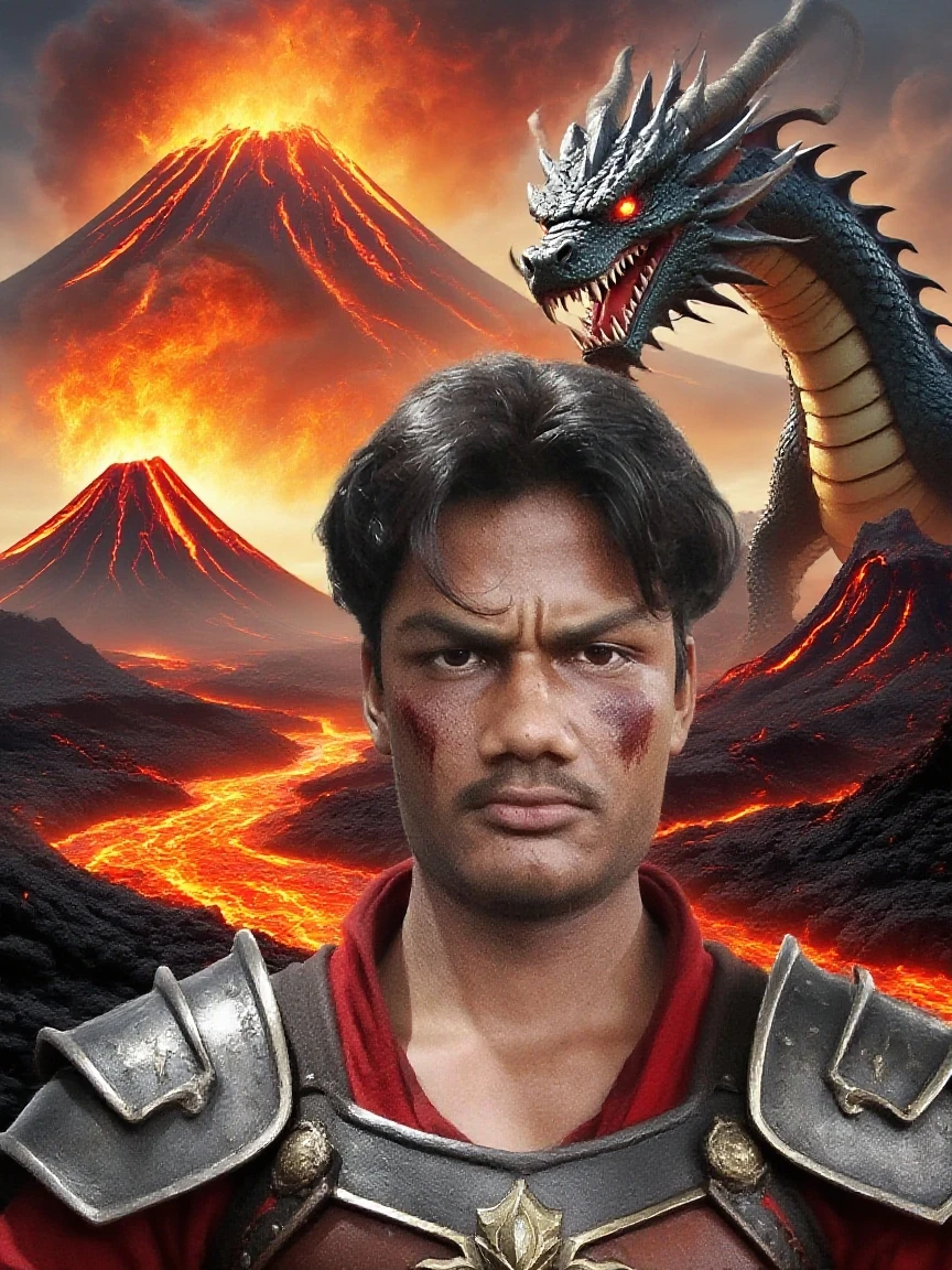 Close-up of a ((extremely handsome old man warior)) , half human, half beast. Their eyes are filled with hapiness and longing. The background is a trail of blood and violence. He wears a mechanized robot armor, carved with animal elements, human skulls. The sky is filled with swirling, fiery clouds. The photo conveys a strong sense of the warrior's appearance, ((smiling))