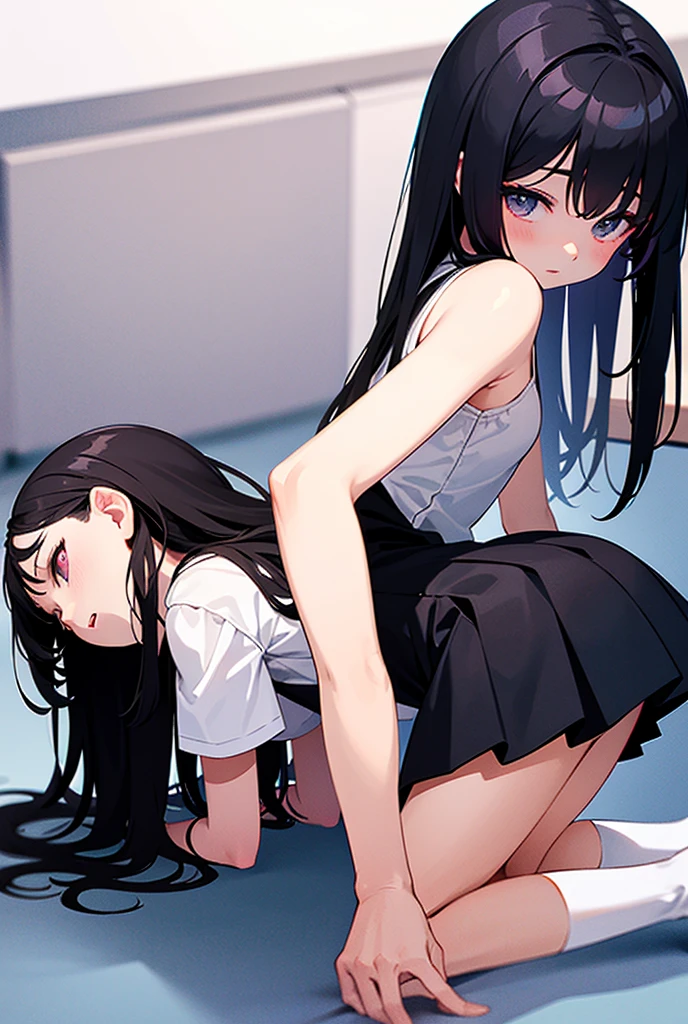 Best quality, (connected_dicephaly:1.1), (2 heads:1.1), 1 girl, One, 23 years old, black dress, White running shoes, dynamic angle, Serious, crossed arms, Caucasian, (black hair with pink highlights), ponytail, whole body, photo, Beautiful, absurdity, masterpiece, Best quality, living room, Beautiful background, sand body, sand.