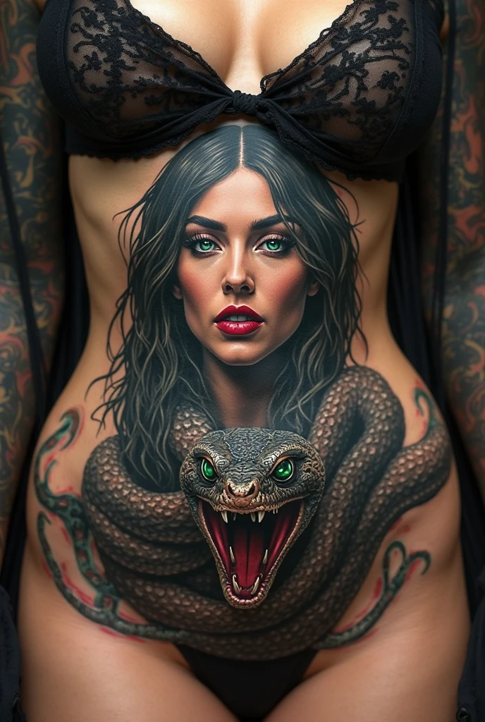 Create a young woman with this appearance: She has her skin completely covered in tattoos, every inch of it is completely covered without leaving any free space, no matter how small.; The inside of his mouth and his forked tongue are also completely tattooed, her scleras are also completely tattooed as well as her lips which are also completely tattooed. She has subdermal scale implants all over her skin, and on the head it has a pair of subdermal horns on the forehead, she also has a long pointy tail. She has many, plus many expanders on the face and many piercings on the body and some on the face, in the mouth and on the tongue. Her teeth are all made of black rhodium encrusted with black diamonds.. She is completely bald, without having any hair since childhood thanks to alopecia universalis.