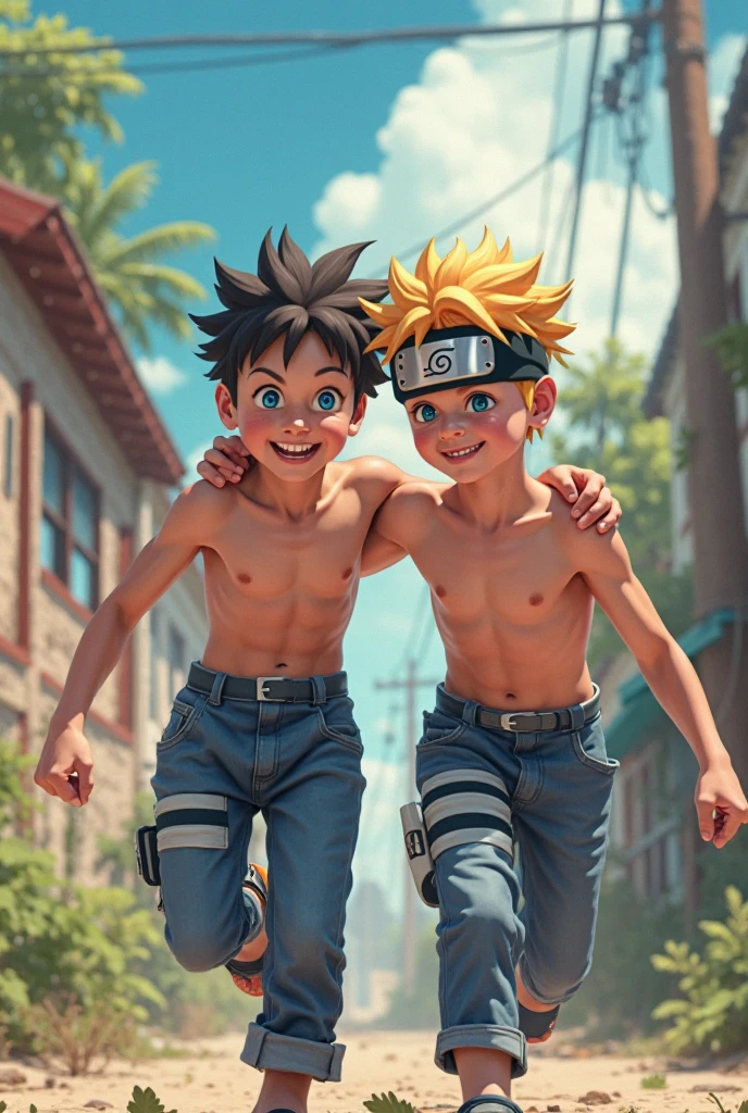Twin young brothers with yellow hair and gray eyes and musvle body training with katanas 