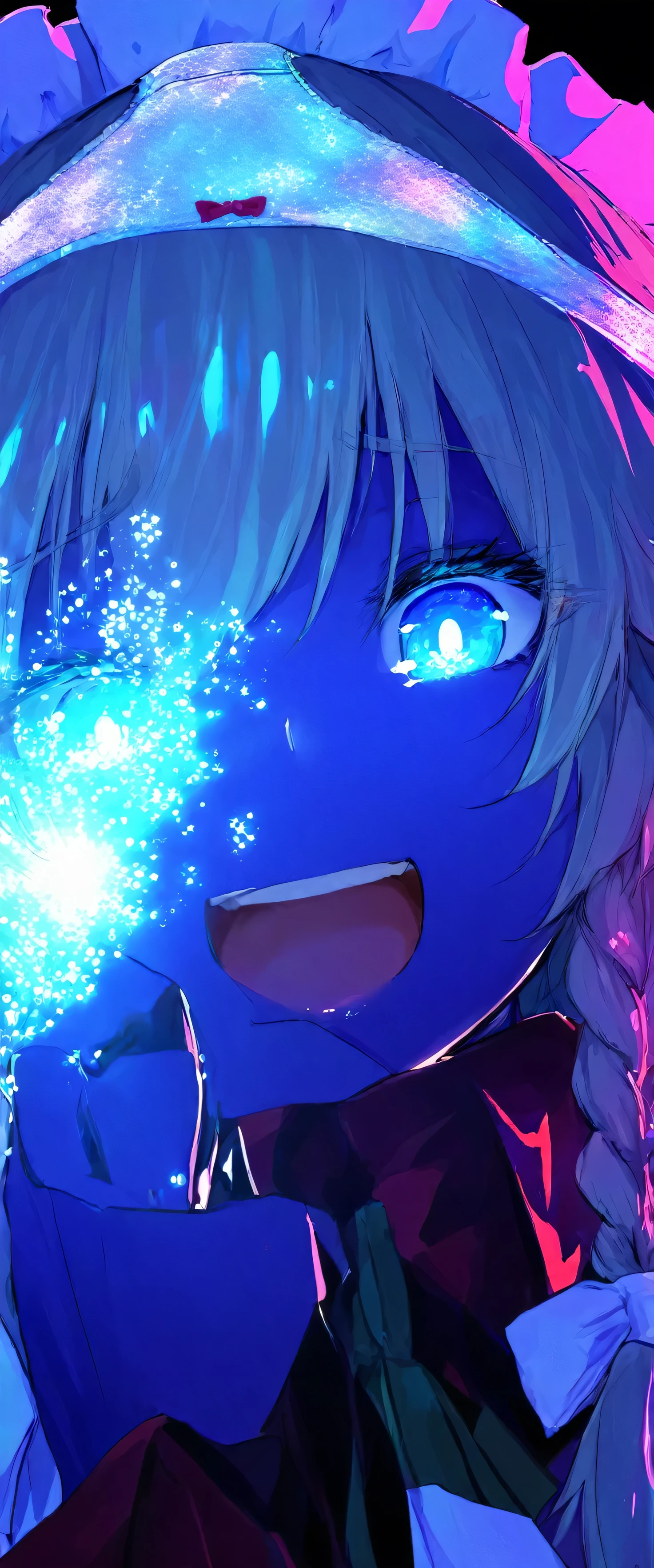 touhou project,Izayoi Sakuya,(beautiful girl: 1.3),masterpiece,Ultra-high resolution,Rich contrast,Very high quality,8k,Highly detailed CG unit wallpaper,Texture,So ridiculous,RAW Photos,Depth of written boundary 1.2,ultra-detailed eyes,Glowing Skin,Glitter Effect,Beautiful glossy lips,Circular Bokeh,(backlighting:1.2),kunka,Scarlet Devil Hall,pantyhat,panties on head,excitement,snort,Eyes are hearts,0__11Xx_illu