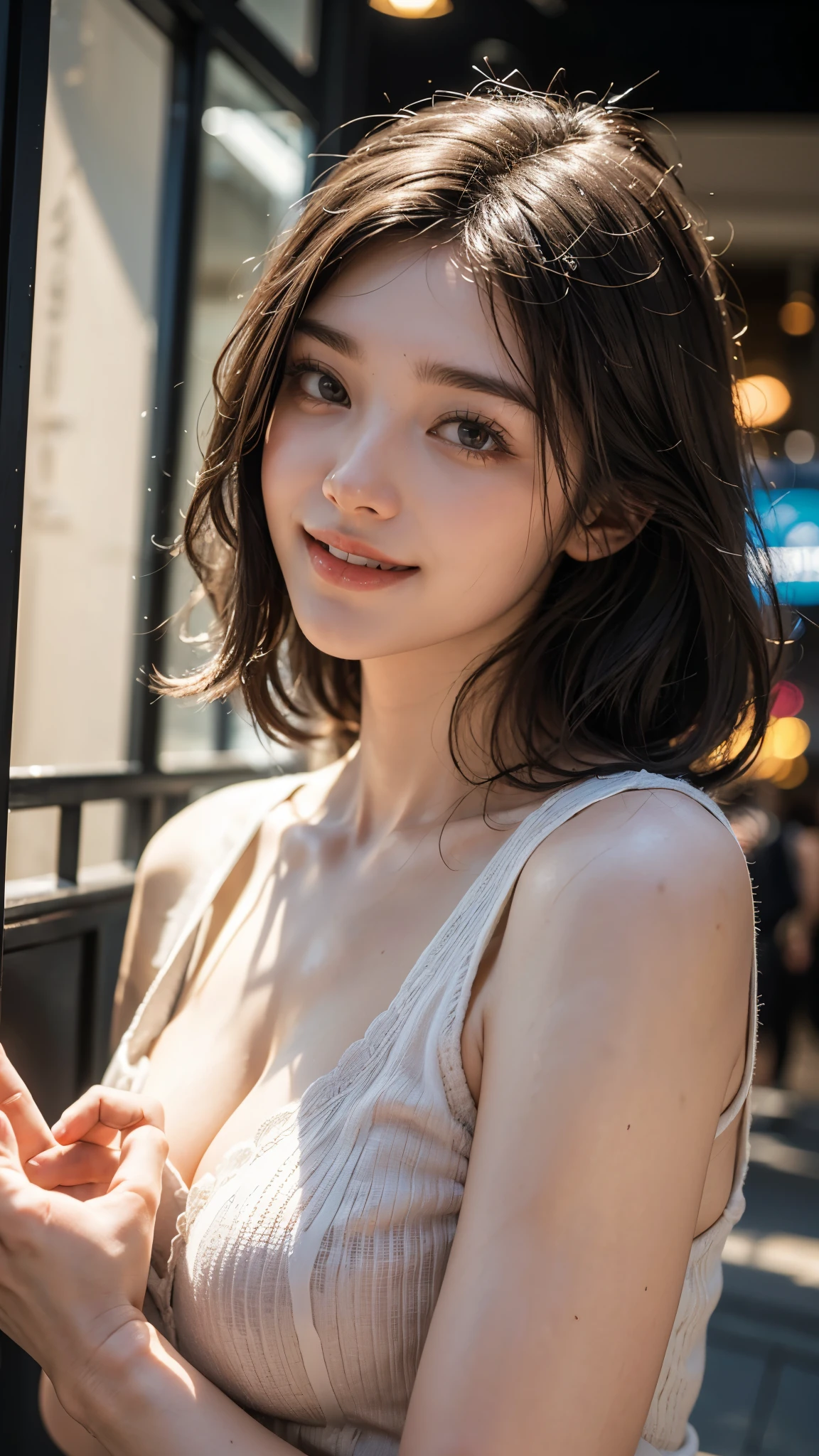 1 girl solo, (8k, RAW photo, best quality, masterpiece:1.2), (realistic, photo-realistic:1.4), (extremely detailed CG unity 8k wallpaper), (blurry_background:1.3), blurry_foreground, depth_of_field, (ultra-detailed), (best illustration), (best shadow), ultra-high res, Full body shot photo, (detailed face:1.4), makeup, beautiful eyes, good-looking, shy-smile, Medium Hair, upper body, (Short-sleeved shirt,mini skirt), slim, perfect skin, Asian, standing,cafe, natural Light