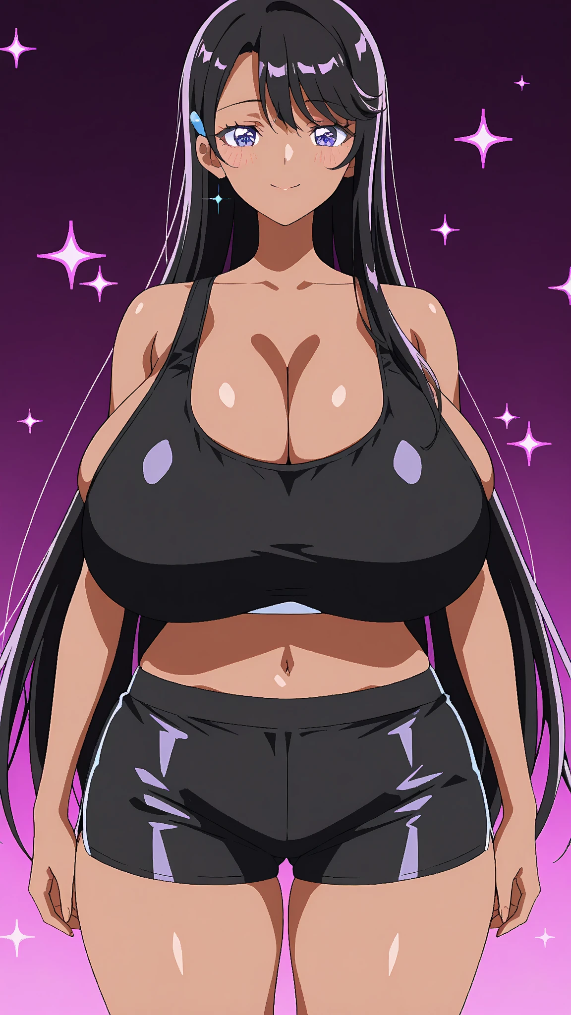 Hinata Hyuuga, 1girl, ((bimbo))), long blue hair, puffy lips, painted lips, thick lips, wide hips, thick thighs, enormous round breast, huge ass, bimbo face, , Round Breasts , muscular stomach abs, shiny skin, breasts squeezed together, enormous huge natural breasts, black latex, belts,