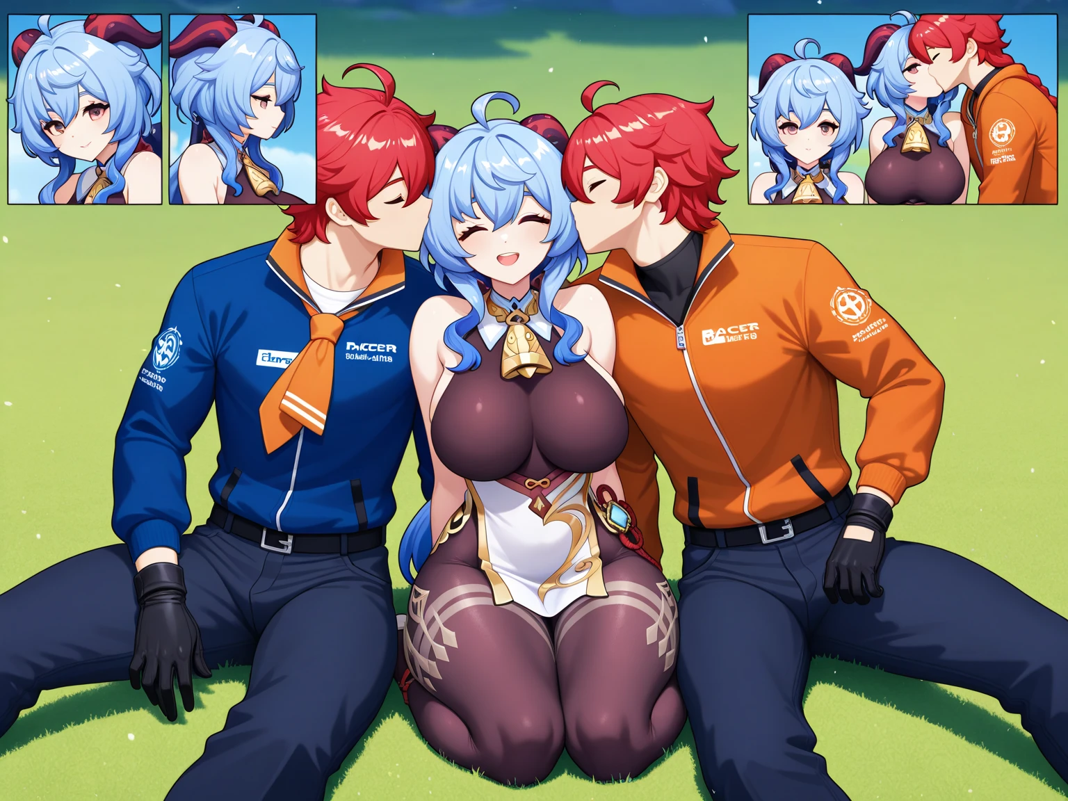 (((2 girls))), aqua and megumin from konosuba (((completely naked kissing and having vaginal sex with a man))), in the garden, happy faces, innocent looks, medium breasts, medium buttocks, naked vagina, black transparent lace stockings, heels, (((2 girls kissing))), vaginal sex, vaginal sex, vaginal sex, penetration, abundant semen dripping from the vagina, vaginal sex, (((wide focus)))