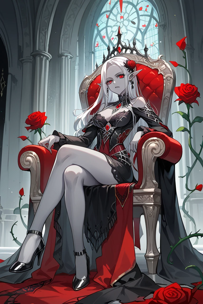 a throne，1个Giant Breast Girl，lots of roses，Thorns，red color eyes，Fierce expression