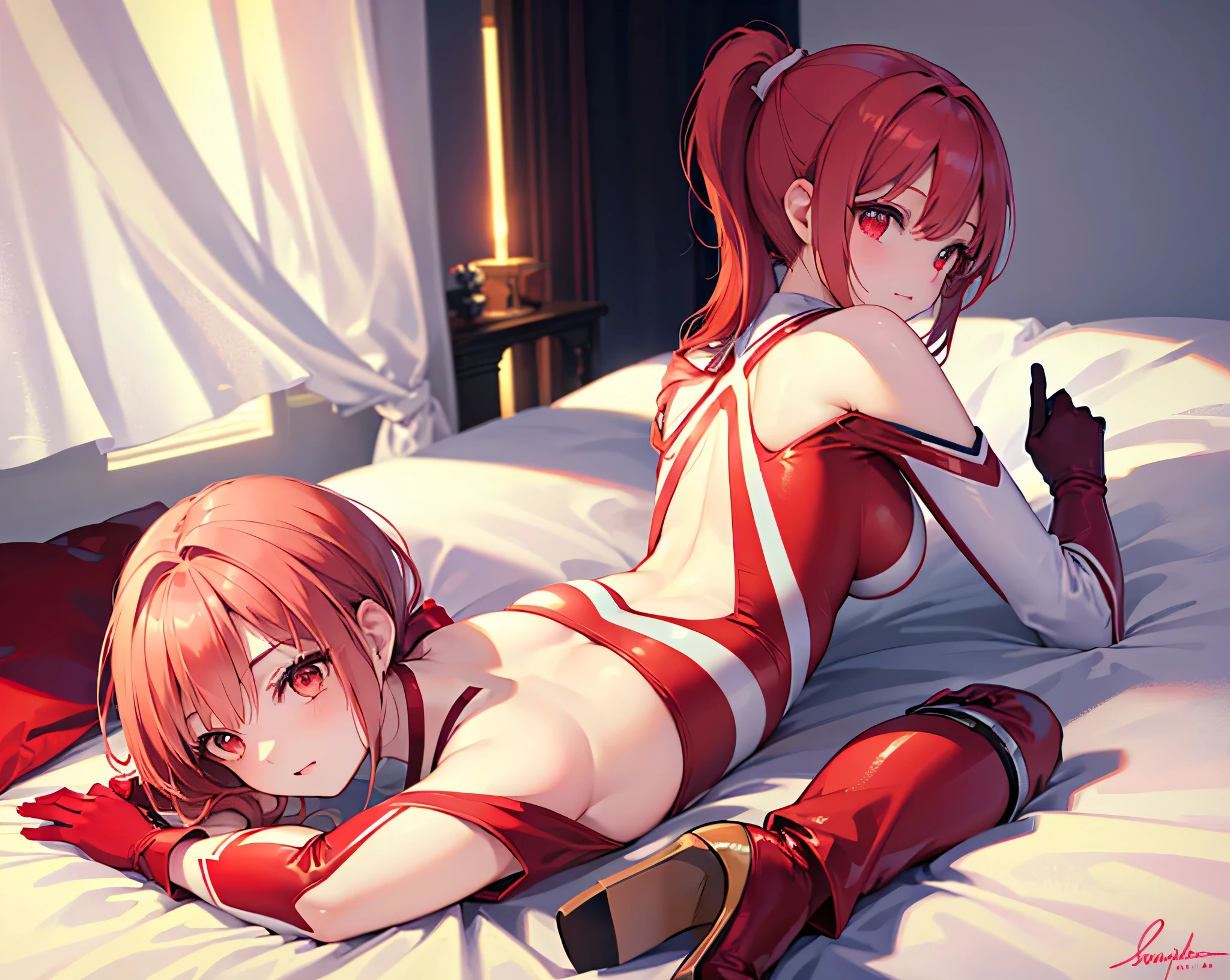 ((Marl、Horse ear headband、fake horse ears)）、（lightly dressed、cleavage of the breast、fully body photo、Beautiful legs)、((inner colored、Red Eyes、Hair short、Has a small、年轻、side lighting bare shoulders、shining eye ring、Particles of light、llight rays、Hair red))、2girls、​master piece、japanaese girl、absurderes、hight resolution、ultra-detailliert、depth of fields、​masterpiece、extremely details CG、3D Photography、3D background、Unity、8K、Hi-Res、top-quality、shadowy、foco nítido、pale-skinned、A detailed eye、blurry backround、dynamic ungle、The most amazing super feat exaggeration、a closed mouth、Look at viewers、superclear