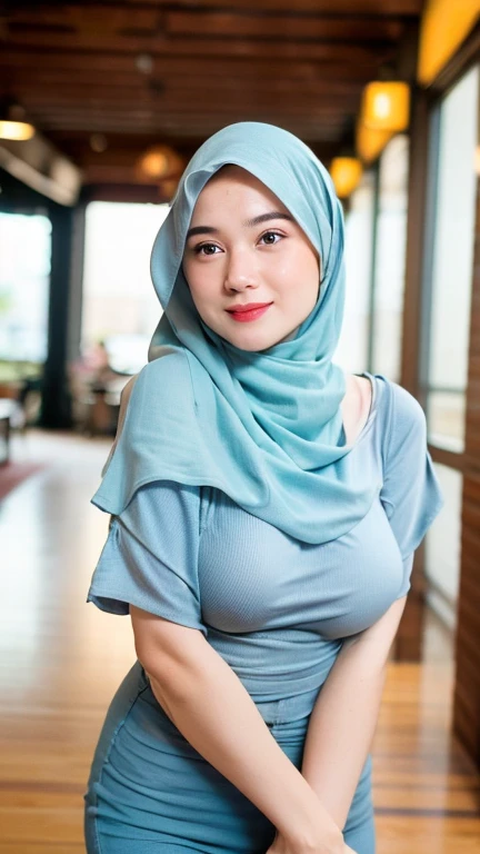 Soft Singlet adorable, 1 girl, (face to face), 10 years old, baby face, happy, half body portrait, (face details: 1), (eye details: 1), ((huge breasts)). wearing transparent transparency soft long shirt, hijab .. Cute posed. proportional body. Ultra High Res. realistic: 1.4, UHD, (floral pattern), view from side seductive pose