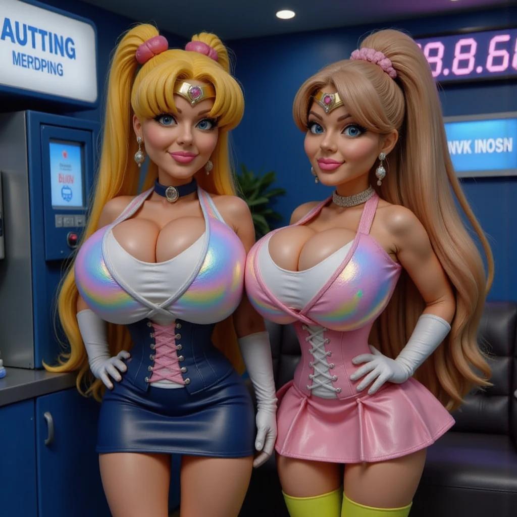 Sexy girls wearing (big diapers), busty, big breasts, wide hips, (latex), stockings, fishnets, corsets, (hypnotized expression), (blushing), (embarrassed expressions), sorority party, abdl, stage, stage lights, collars, magical, hypnosis, beautiful faces, magical fog, enchanting, ((gimpsuit)), (1980's)