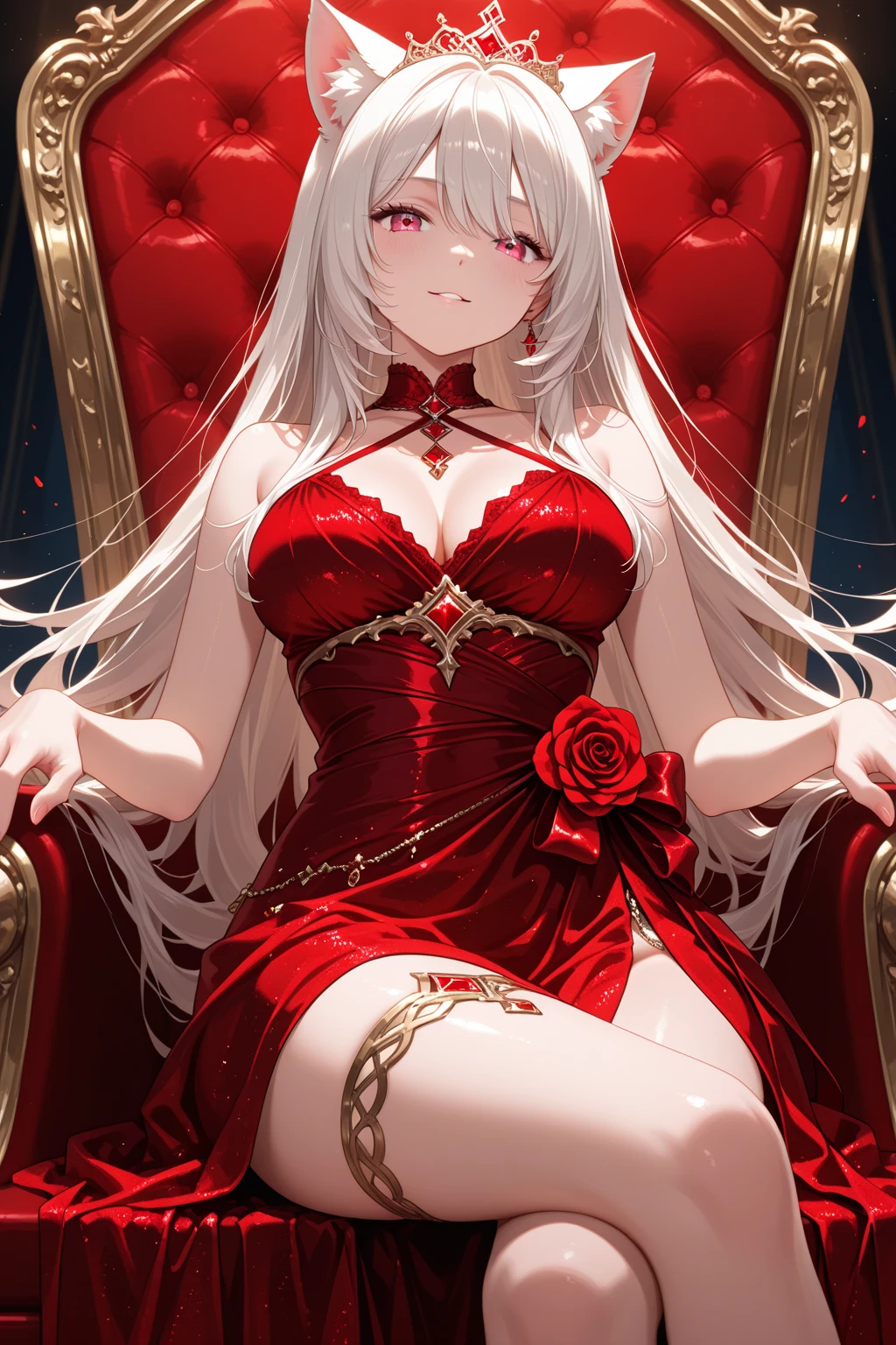a close up of a woman in a red dress with roses, extravagant dress, 8k highly detailed ❤🔥 🔥 💀 🤖 🚀, dressed beautiful gown, wearing a wonderful dress, red dress, detailed dress and face, all red, beautiful gown, gown, elegant red dress, red, wearing a wonderful dress, exquisite digital illustration,The most beautiful woman in the world、white hair、white eyes、best style、beautiful legs、whole body