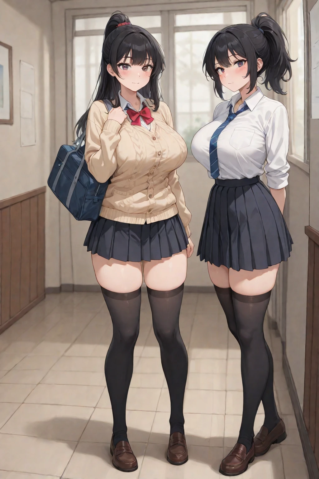 ((2 girls))、(smile:1.5)、(blush)、shirt、blouse、((fun))、chiralism、(small breasts)、black hair、(single braid)、(highlight on eyes:1.3)、blake black footwear,(黒いskirt)、bow, button, 襟の付いたshirt, long sleeve,  ((red bow tie, , black jacket, open jacket, brown cardigan, 白のshirt, 黒のskirt, チェック柄のskirt、white socks)),, shirtを,, skirt, socks, thighs, 白い shirt, rest indoors, ((classroom:1.5))、 BREAK Looking at the viewer、(skirtを掴む:1.0)、 (perfect hands, perfect anatomy),cowboy shot、(skirt lift:1.3), (pull panties)、((shaved pussy:1.5))、(skirt that rolls up:1.3)、(Highly detailed labia fully exposed:1.5)、(Photo seen from below)、