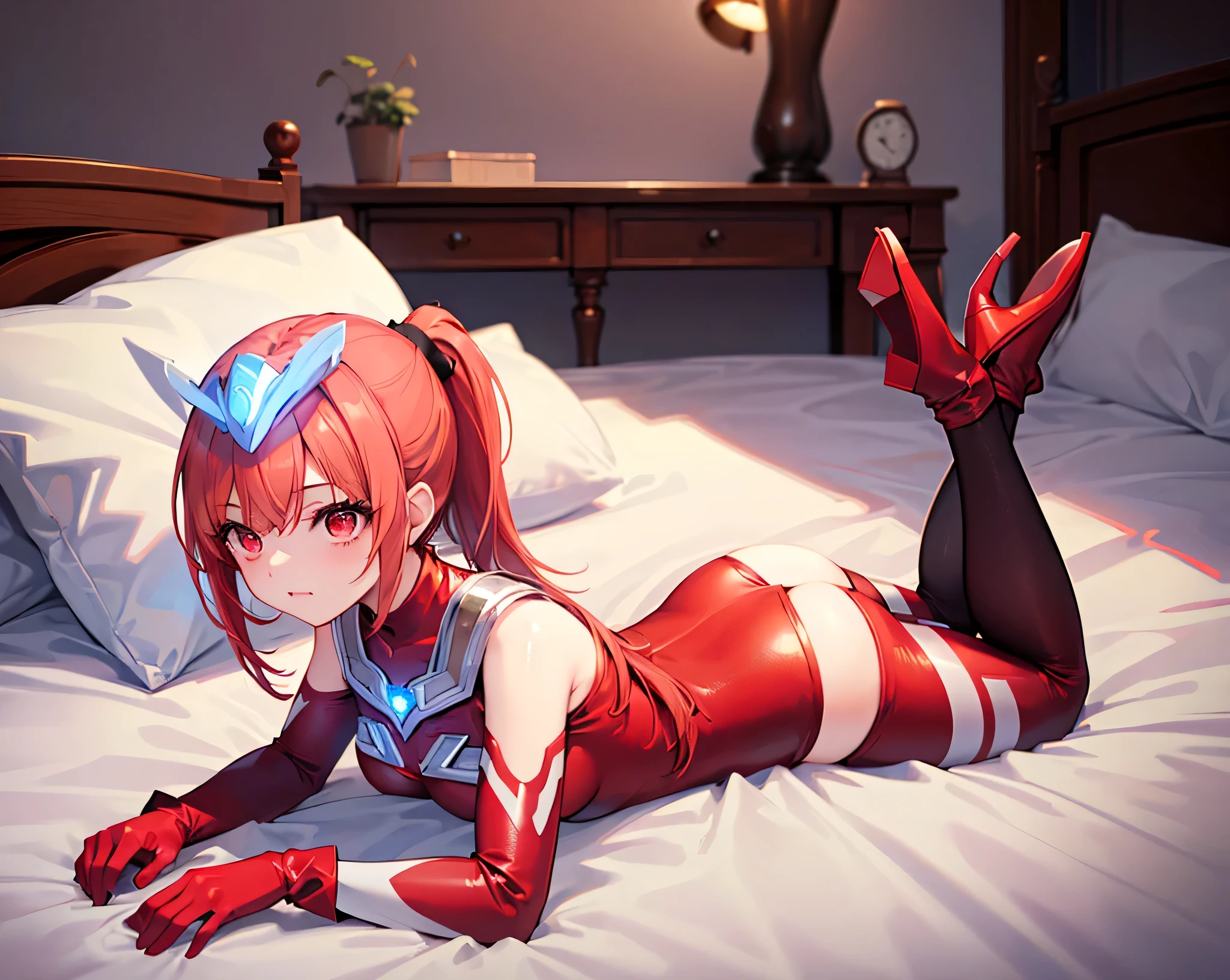 (Close-up:1.3),Realistic,Highest quality, Ultra Detail, High-quality CG rendering, The most delicate and beautiful, Floating softly, High resolution, (1 giant girl), (Highest quality,4K,8k,masterpiece:1.2),(All red hair:1.5), (Medium Long Hair:1.5),(Red eyes:1.5), (Ultra Girl:1.0), (All red Ultraman bodysuit:1.4),(Do not expose your skin:1.5),(Slightly larger breasts:1.3),(Red gloves:1.4),(Red Shoes:1.4),(whole body:1.3),(Troubled face:1.3),Small room,(Sitting on the bed:1.3),smile