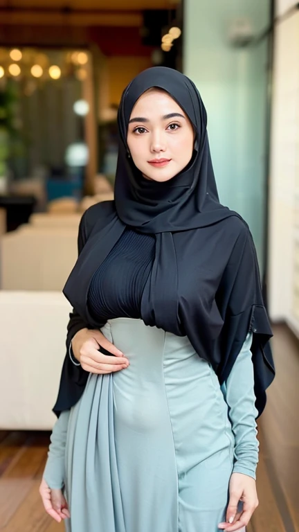 RAW, Best quality, high resolution, masterpiece: 1.3), beautiful Malay woman in hijab (iu:0.8)1beautiful Malay woman in hijab wearing modern youth Muslim clothing,big breast, modern muslim fashion, flowing shawl, portrait photography, mid shot photo, ultra detail, professional photo with professional lighting, smile, random background, sexy seductive pose, curvy ,