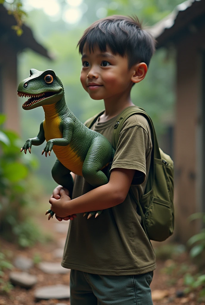 A boy with an alligator in an animated way.
