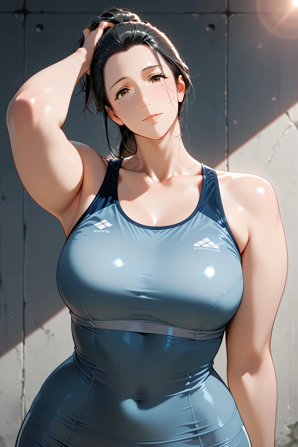 a preschool girl, curlaximum), only, muscle abs, jealous, looking at the audience, (white,long hair), (NSFW wet crop top), (), Wet tight black yoga pants, sports shoes, photographer, realistically, super huge boobest quality, super big tits，necklace， big chest，earrings， staff, Detailed faces, standing in the subway, (stable diffusion), Radial lighting, super large breasts，depth of field, background bokeh，low cut， huge breasts， 