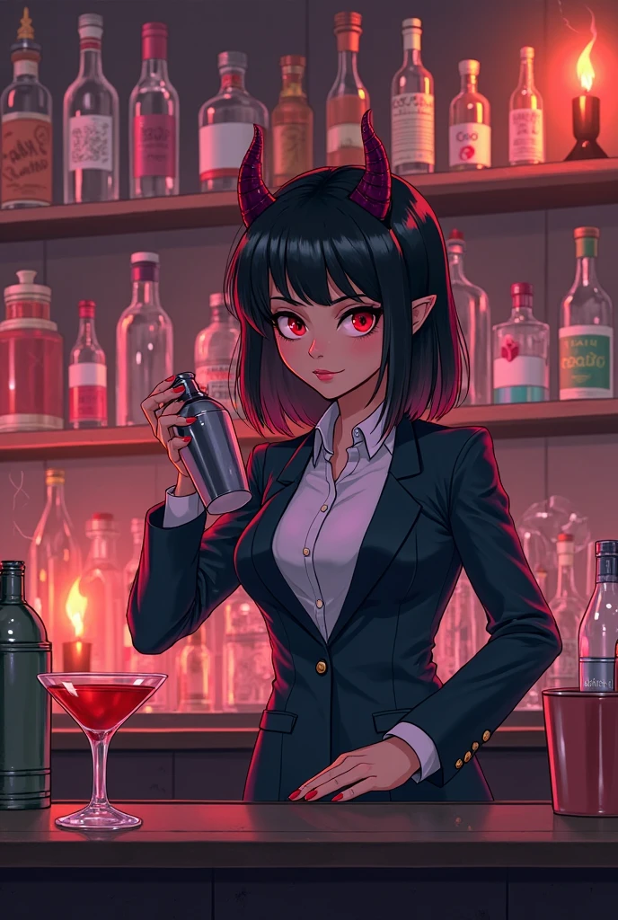 (best-quality:0.8), (best-quality:0.8), perfect anime illustration, girl with red eyes and horns offering you a drink in a run down bar