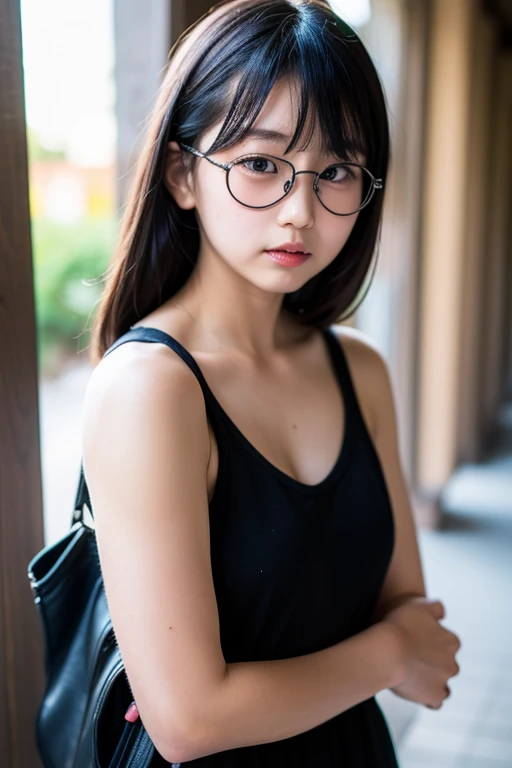 One girl, Black Hair　
Black-rimmed glasses accurate, Textured skin, Normal body type, normal lips, black clothes　Black pants long hair, Earrings, 
No makeup, dark eyebrows, bulbous nose, Japanese face, round face, slightly narrow eyes, dark skin