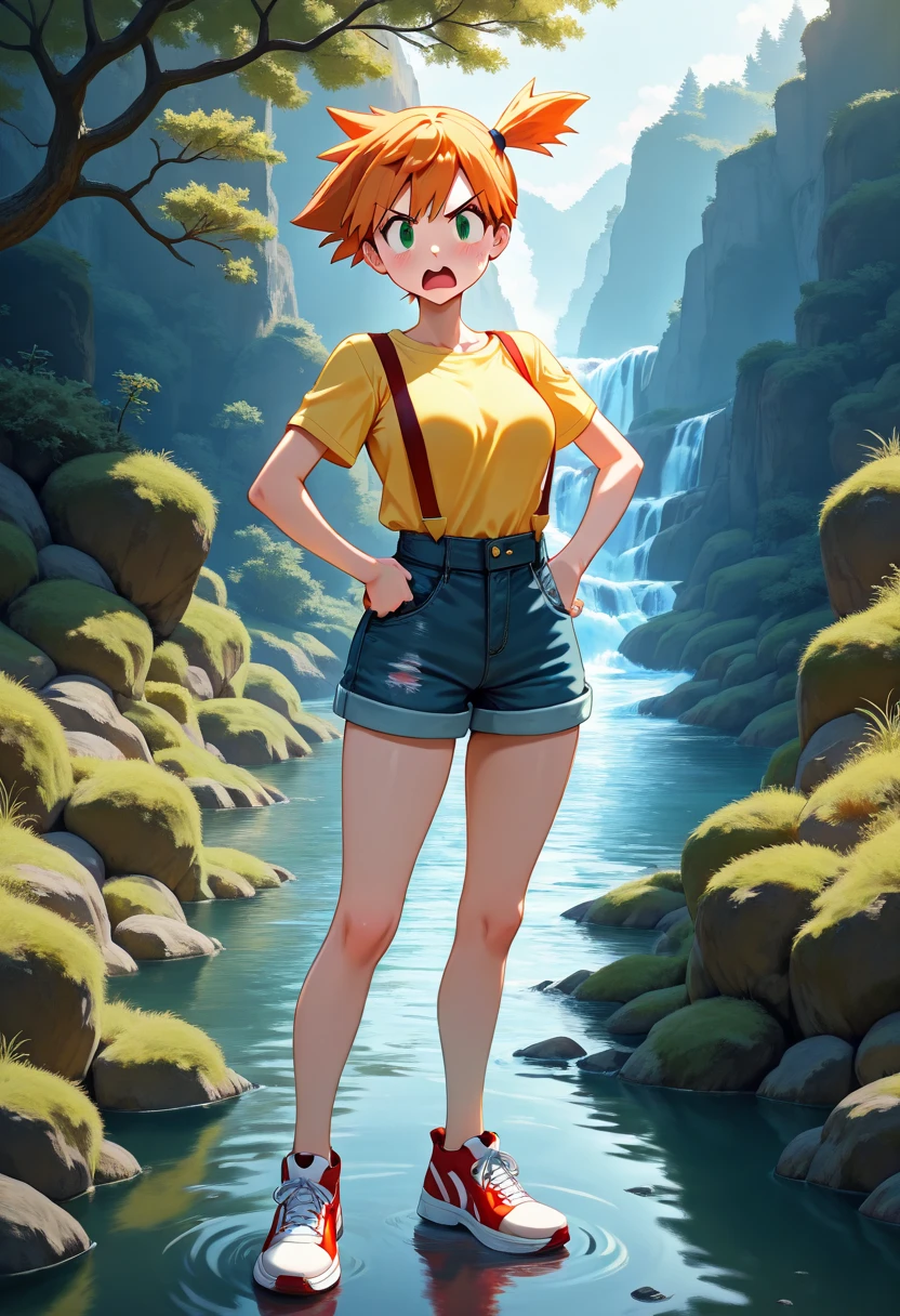 beautiful, realistic, 8k, masterpiece, best quality, extremely detailed face, perfect lighting, 1girl, solo, green eyes, <lora:mistyPokemonLora8MB_misty:0.9>, yellow shirt, crop top, suspender shorts, from behind, cowboy shot, wet, outdoors, raining, night, moonlight , (((lightning)))