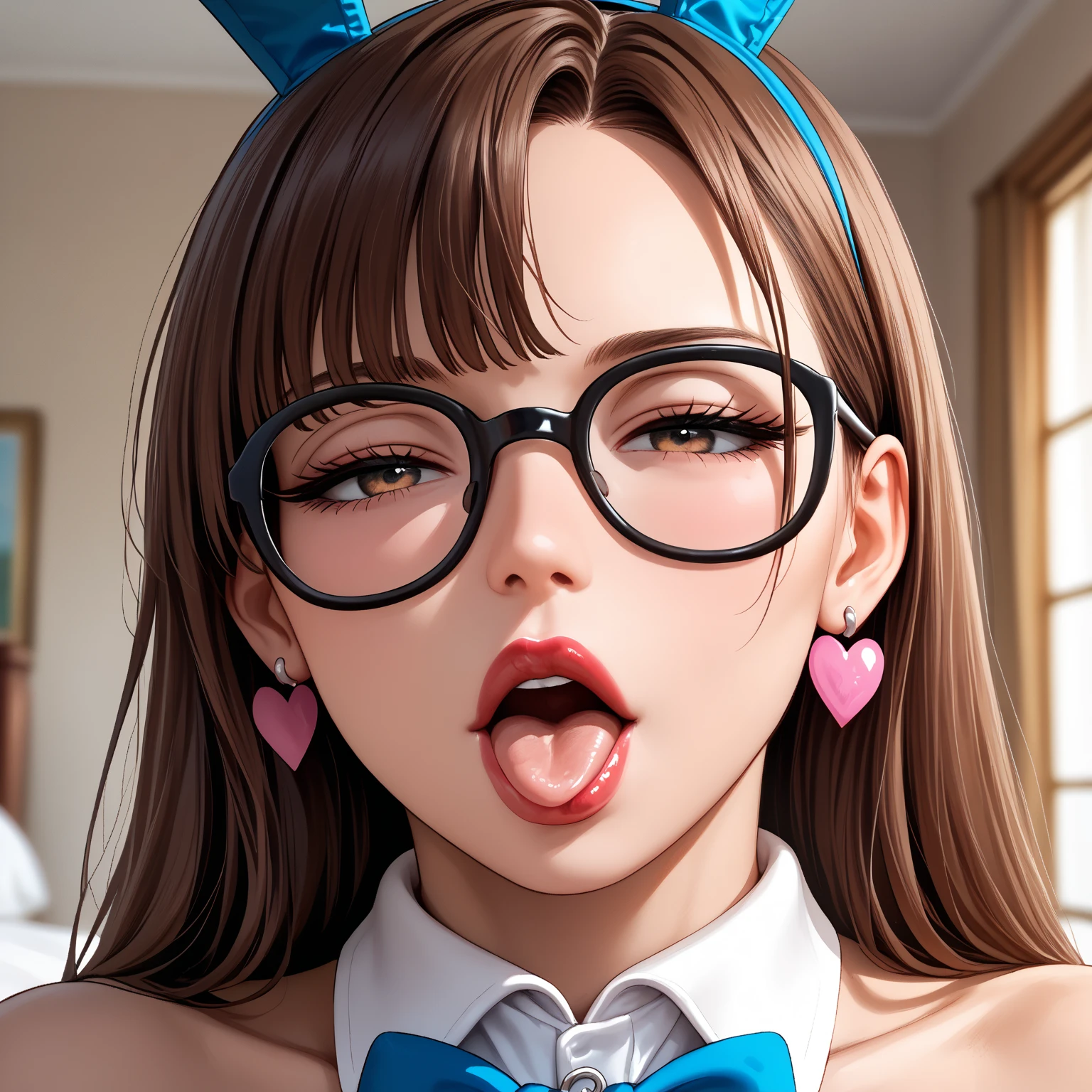 (masterpiece), (wonderful), (非常にwonderful), Highest quality, Expressive eyes, Perfect Face, High resolution, 4K resolution. One girl, Close-up portrait of an angry woman, (Mature Woman, Mature Woman:1.4), Realistic Face, Swept-apart bangs, Long Hair, ponytail, Huge breasts, Long neck, Bedroom, Graceful aura, Sunlight from the window., ((Huge boobs:1.7)) 、 Female orgasm、(((Full nudity:1.5)))、Erotic、Climax、((Staring intently at the audience:1.5))、((She thoroughly licks the head of his thin penis with her long, dripping tongue:1.5))、((ejaculation:1.5))、((Glasses:1.5))、((Completely naked:1.5)),((Angry expression:1.7)),((Small and thin penis licked and dripping with saliva:1.5,Burying deep between her tits and giving her a titjob:1.5)),,((Ultra-realistic, sexy tongue:1.5)),