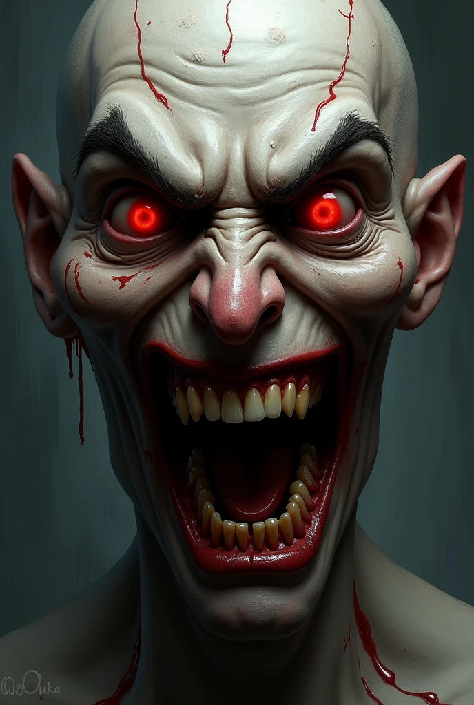 Nightmare Grin An image featuring an evil clown with a menacing grin, showcasing sharp, yellowed teeth and an unsettling smile that sends chills down the spine, Ultra realism, color field printing, high detail, UHD, 8k, anatomically correct, cinematic lighting 4d quality --auto