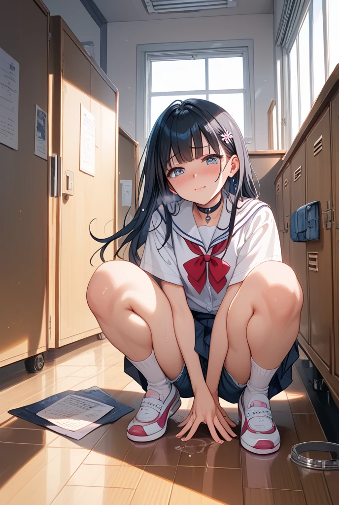 A 16-year-old high school girl with long black hair and wearing a school uniform, squatting down and opening her legs while shedding tears.