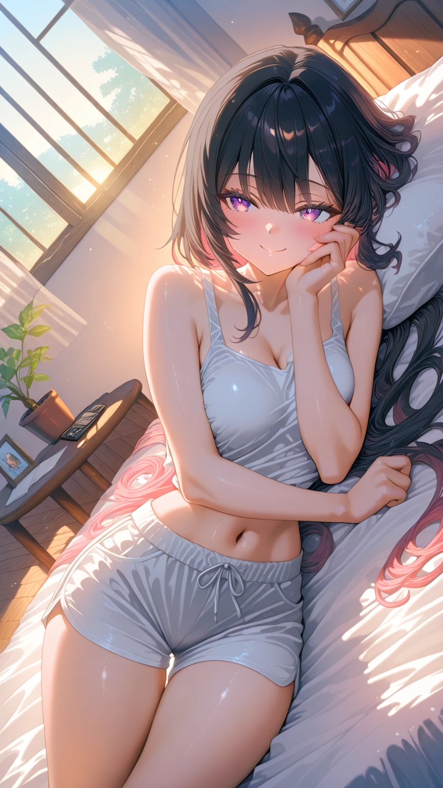 absurderes,(masterpiece、top-quality、8K ),intricate detailes,ultra-detailliert、1 down, (trap ,Otokonoko, Tom Girl:1.2), Solo, Male Focus, Very long hair, Cute anime face, Indoor, ( flat chest, Bulge:1.2),mid-riff peak,((blush)), Black hair, Purple eyes, (White camisole、shortpants:1.3),(sitting on a bed:1.4),Hyper realistic,Perfect Anatomy