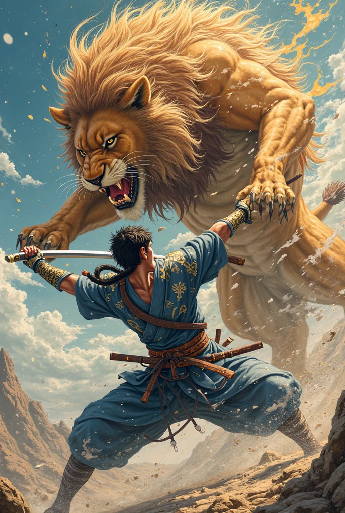 double contact, Chinese martial arts man, The barefoot，Handsome facial features，strong，Chinese lion，simple backgound,