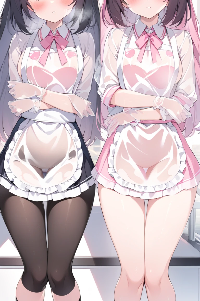 highest quality、masterpiece、((2 girls:1.5))、((smile:1.3))、(blush:1.3)、Black Shirt、blouse、((fun!!))、(Small breasts)、()、Blonde、(Long sleeve)、((White apron:1.5))、((Maid))、((hair ornaments)),、Kamimei、look at me、 ((in house:1.5))、 Taking a break from watching the audience、Cowboy Shot、(Skirt lift:1.3),(Highly detailed pink striped panties:1.3)、(Highly detailed panties:1.3)、、(スカート that rolls up:1.3)、(Panties fully exposed:1.5)、Light blue eyes、long hair、Glowing Eyes
