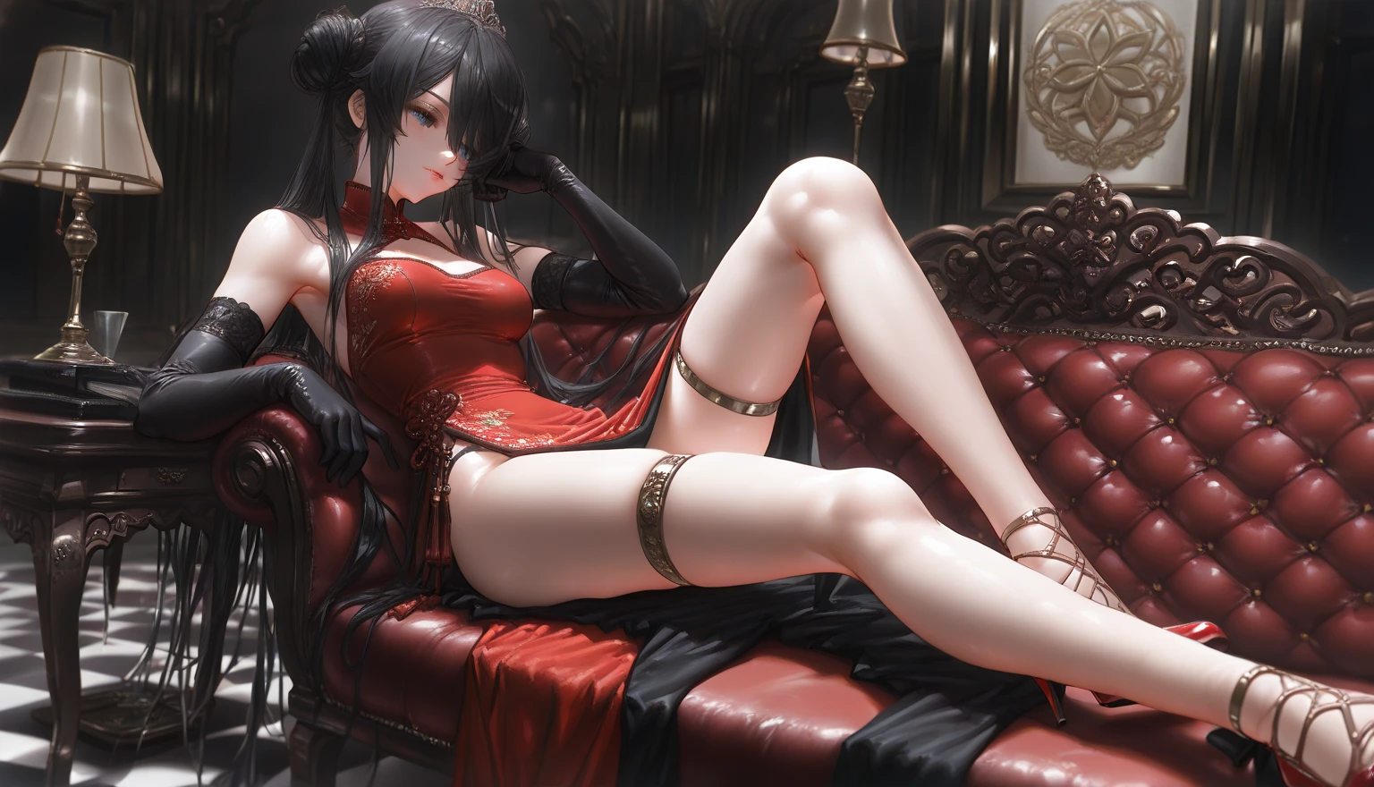 (((8K, masterpiece, best quality, ultra detailed))), HDR, lens flare, particles, chinese gorgeous royal style, A cute chinese princess on a throne in a palace, (composition close to her), (perfect anatomy), spread legs, lift up skirt, show off panty, ((detailed short cheongsam, detailed face, detailed smooth skin legs, detailed eyes, detailed sexy panty, detailed straight black hair)), large breasts, red eyes, many large presence accessaries, stiletto heel, tiara, hair ornaments, earrings, bracelets, anklets, trinkets, smoky makeup, eyeshadow, heavy makeup,