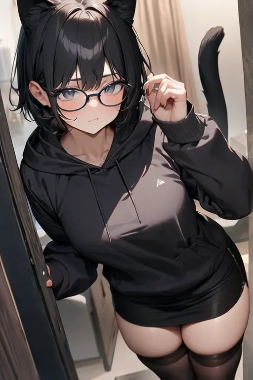 ((Best quality)), ((masterpiece)), (detailed), , black short hair, black hoodie, black miniskirt, stockings, glasses, cat ears, cat tail