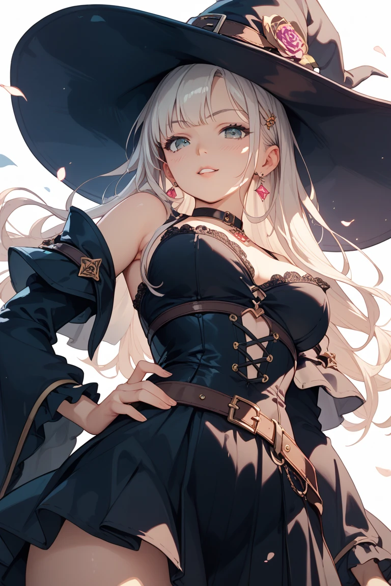 ((highest quality)), ((masterpiece)), (detailed), One girl, sexy,Silver Hair,blue eyes,hair longer than shoulders,Slanted Eyes,witch,Light clothing,Young girl,whole body,skirt,Knee-high boots,Bare Shoulder,character,Hentai manga,Medieval Fantasy,front,No background,Standing with your legs apart,Girl,Bangs up to above the eyes,Draw to your feet