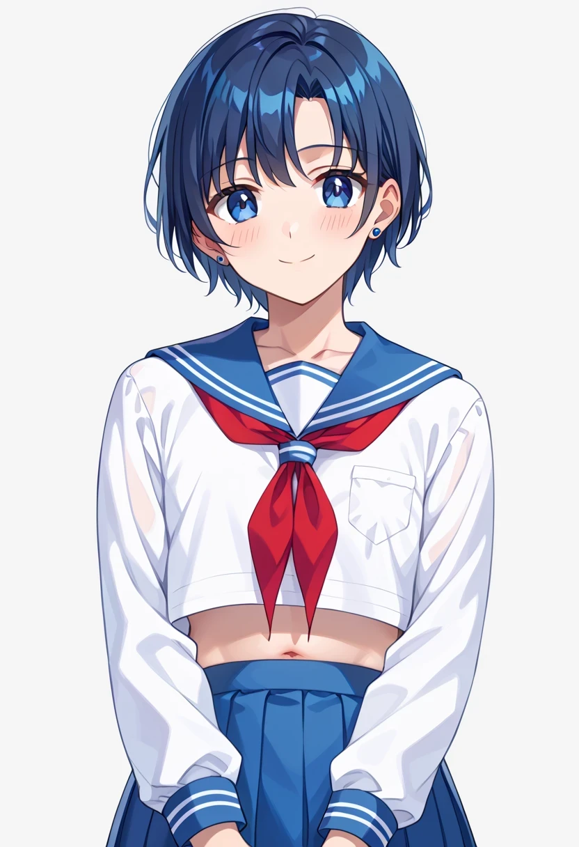 score 9 、score 8 up、score 7 up、source anime、傑作、bestquality、bestresolution、best image quality、Digital media (artwork)、anime coloring、anime screencap、anime screenshot、anime colored、outline、isolated on white background、upper body、(looking at viewer, facing viewer:1.1) (telephoto perspective, zoomed-in composition, :1.1)、light smile、calm、1boy、ami mizuno is a boy、(manly face:1.6)、male focus、looking at viewer、cowboy shot、(male body:1.6)、solo、 teenage、curvy、short hair、bangs、blue eyes、blue hair、parted bangs、stud earrings、涙め、school uniform、blue sailor collar、long sleeves、white shirt、red neckerchief、blue skirt、pleated skirt、serafuku、sailor outfit、(manly:1.6)、crossdressing、