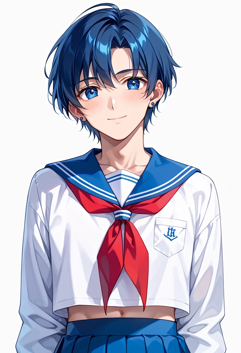 score 9 、score 8 up、score 7 up、source anime、傑作、bestquality、bestresolution、best image quality、Digital media (artwork)、anime coloring、anime screencap、anime screenshot、anime colored、outline、isolated on white background、upper body、(looking at viewer, facing viewer:1.1) (telephoto perspective, zoomed-in composition, :1.1)、light smile、calm、1boy、ami mizuno is a boy、(manly face:1.6)、male focus、looking at viewer、cowboy shot、(male body:1.6)、solo、 teenage、curvy、short hair、bangs、blue eyes、blue hair、parted bangs、stud earrings、涙め、school uniform、blue sailor collar、long sleeves、white shirt、red neckerchief、blue skirt、pleated skirt、serafuku、sailor outfit、(manly:1.6)、crossdressing、