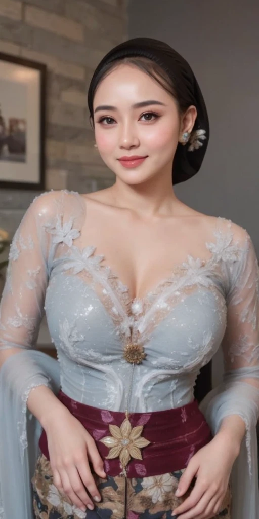 Beautiful, cute baby Face, 16 Years old russian lolita Girl, red lipstick, sensual Lipstick, dark red lipstick,blue eyes, (wearing hijab) and sexy kebaya dress, Rounded small Breast, cleavage cutout, slightly Chubby , luxury necklace, White Skin, Smiling, Dark City Background, mid shot, upper body, Perfect Potrait, Bokeh Effect, Look at Viewer, Armpit, Perfect Eye, Perfect Hand, Perfect Finger, Bracelet, Ring, small breast, ((adorable:1.2)), ((masterpiece:1.1)), ((bokeh:1.2)),
