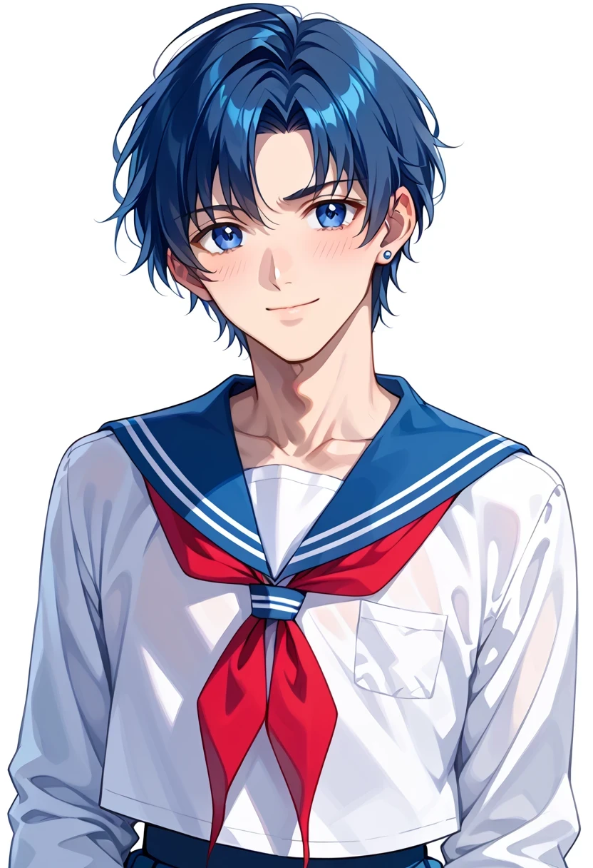 score 9 、score 8 up、score 7 up、source anime、傑作、bestquality、bestresolution、best image quality、Digital media (artwork)、anime coloring、anime screencap、anime screenshot、anime colored、outline、isolated on white background、upper body、(looking at viewer, facing viewer:1.1) (telephoto perspective, zoomed-in composition, :1.1)、light smile、calm、1boy、ami mizuno is a boy、(manly face:1.6)、male focus、looking at viewer、cowboy shot、(male body:1.6)、solo、 teenage、curvy、short hair、bangs、blue eyes、blue hair、parted bangs、stud earrings、涙め、school uniform、blue sailor collar、long sleeves、white shirt、red neckerchief、blue skirt、pleated skirt、serafuku、sailor outfit、(manly:1.6)、crossdressing、