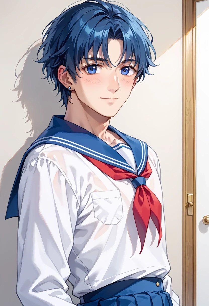 score 9 、score 8 up、score 7 up、source anime、傑作、bestquality、bestresolution、best image quality、Digital media (artwork)、anime coloring、anime screencap、anime screenshot、anime colored、outline、isolated on white background、upper body、(looking at viewer, facing viewer:1.1) (telephoto perspective, zoomed-in composition, :1.1)、light smile、calm、1boy、ami mizuno is a boy、(manly face:1.65)、male focus、looking at viewer、cowboy shot、(male body:1.65)、solo、 teenage、curvy、short hair、bangs、blue eyes、blue hair、parted bangs、stud earrings、涙め、school uniform、blue sailor collar、long sleeves、white shirt、red neckerchief、blue skirt、pleated skirt、serafuku、sailor outfit、(manly:1.65)、crossdressing、