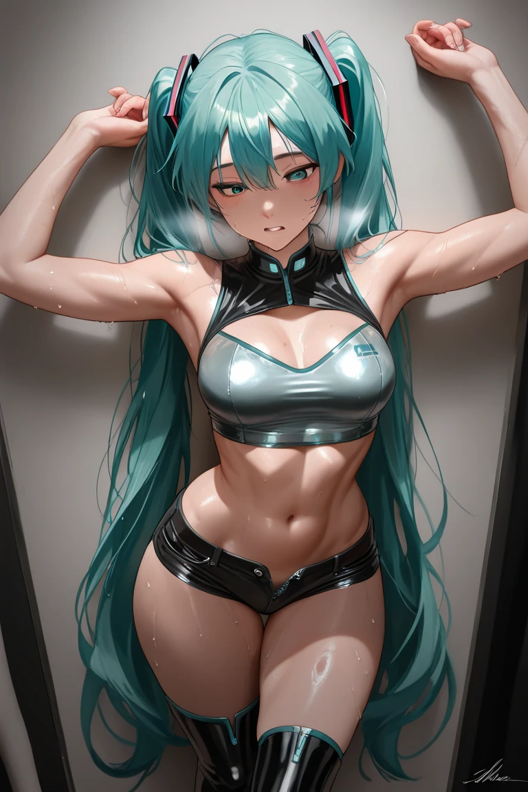 (nsfw),Hatsune Miku, wearing a sportswear, trains intensively in a bodybuilding gym, buff, looking a viewer, weights, musculature , workout, Thigh muscles, muscle arm,