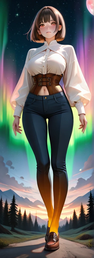 (masterpiece,best quality,high resolution,Beautiful detailed eyes),((blue jeans)),white ((bra)),standing,shy posture,barefeet,navel,bathroom,looking at viewer,((full body)),((((((big pee stain)))))),blush,worried,mouth open,cynthia \(pokemon\),hair over one eye,hair ornament